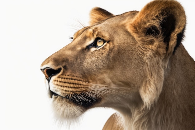 Close-up van het brullende profiel van een 10-jarige leeuwin Panthera leo op een witte achtergrond