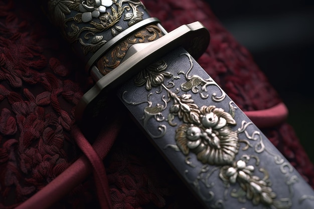 Close-up van het gevest van het samurai-zwaard en bewakingsdetails gemaakt met generatieve AI
