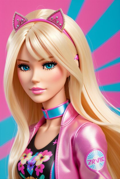 Close-up van het gezicht van de Barbie-pop in realistische stijl met een kleurrijke achtergrond