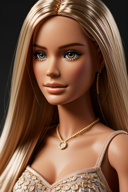 close-up van het gezicht van de Barbie-pop in realistische stijl met een witte jurk met een solide achtergrond