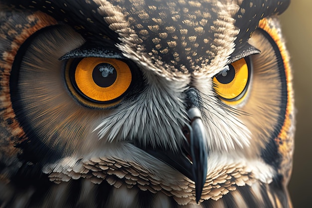 Close-up van het gezicht van de uil met zijn doordringende ogen en veren in focus