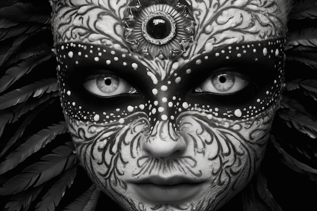 Close-up van het gezicht van de vrouw met een masker met bloemen erop Generatieve AI
