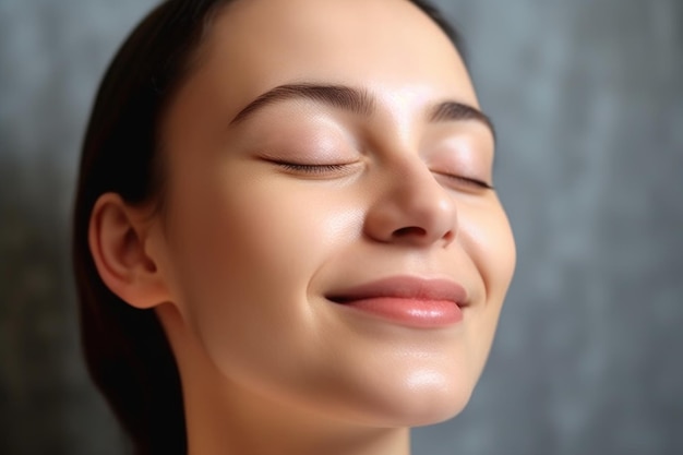 Close-up van het gezicht van de vrouw met gesloten ogen glimlachend en fris voelend na de ochtendroutine