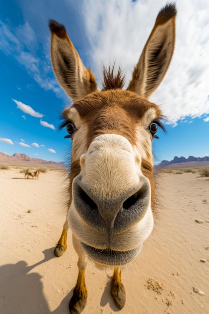 Close-up van het gezicht van een ezel in woestijngebied met bergen op de achtergrond Generatieve AI