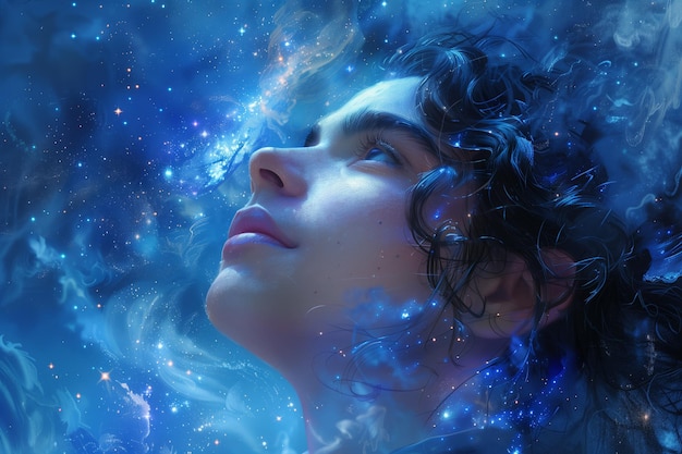 Close-up van het gezicht van een jong persoon dat zich vermengt met de kosmische nevel van een sterrenhemel