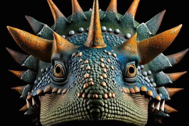 Close-up van het gezicht van een stegosaurus met zijn kenmerkende platen en tanden zichtbaar