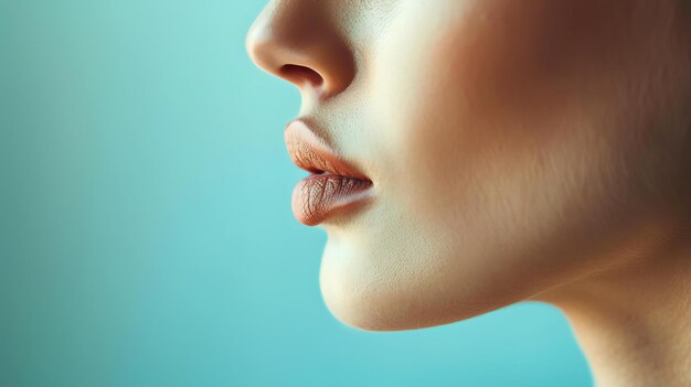 Close-up van het gezicht van een vrouw de focus is op haar lippen die licht gescheiden zijn haar huid is vlekkeloos en haar ogen zijn gesloten