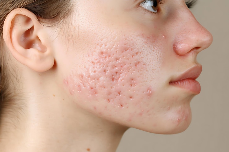 Foto close-up van het gezicht van een vrouw met acne littekens