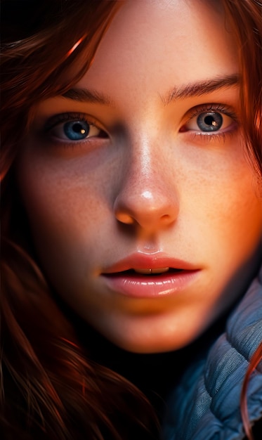 Close-up van het gezicht van een vrouw met bruin haar en blauwe ogen