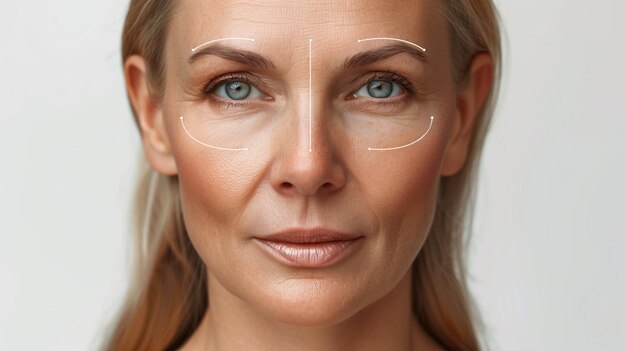 Foto close-up van het gezicht van een vrouw met getekende lijnen, blond haar en een subtiele glimlach