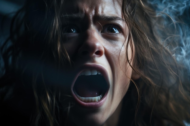 Close-up van het gezicht van een vrouw Te midden van het geluid van echt geschreeuw. Het overbrengen van rauwe emoties, geestelijke gezondheid