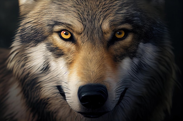 Close-up van het gezicht van een wolf met doordringende ogen en scherpe tanden