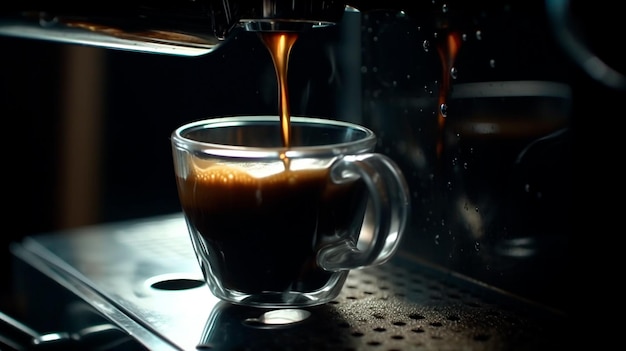 Close-up van het gieten van espresso uit de koffiemachine Generatieve AI