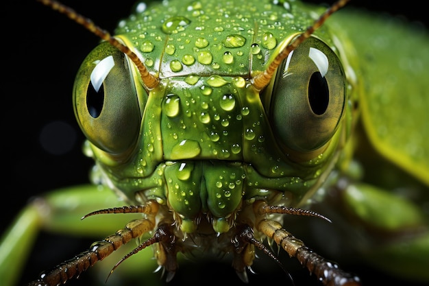 Foto close-up van het hoofd van een groene sprinkhaan op een zwarte achtergrond