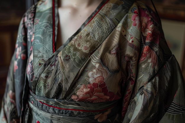 Foto close-up van het ingewikkelde patroon en de stof van een traditionele japanse kimono