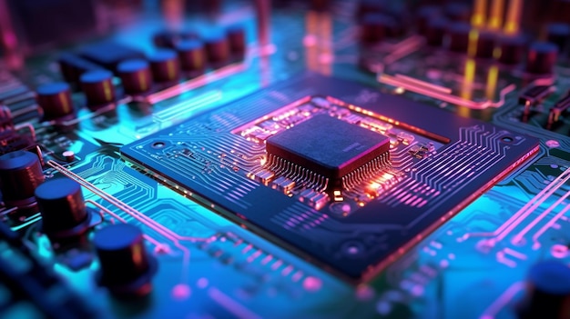 Close-up van het interieur van een microchipcircuit van een computer met neonlichten in detail Generatieve AI