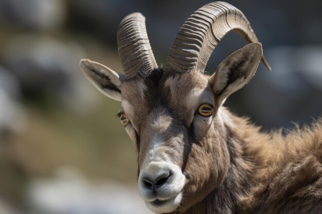 Close-up van het majestueuze gezicht van een steenbok met zijn hoorns en vacht in het volle zicht