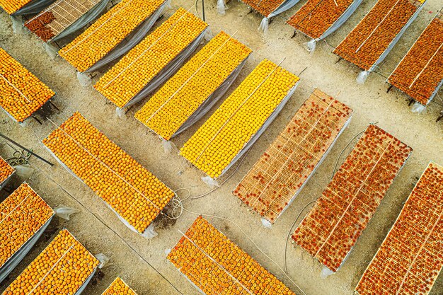 Foto close-up van het maken van gedroogde persimmonen zonnedroogdepersimmonvruchten gedroogd persimmonverwerking