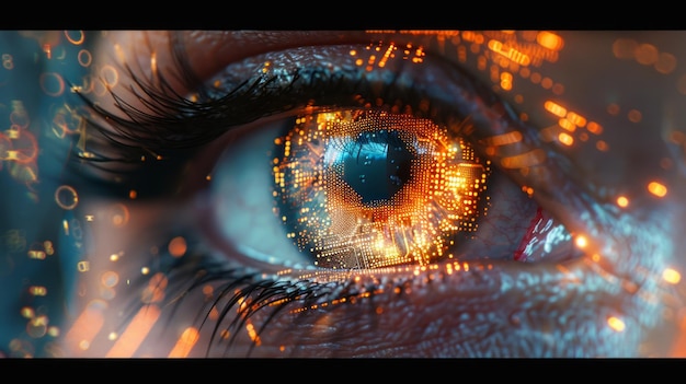 Close-up van het menselijk oog gloeiende digitale interface graphics Helder licht en patronen wijzen op vooruitgang in de biotechnologie kunstmatige intelligentie of virtuele realiteit