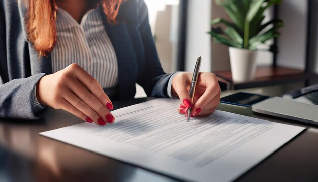 Foto close-up van het ondertekende akkoord document bedrijfscontract van jonge zakenvrouw die papier ondertekent...