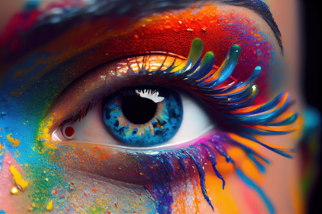 Close-up van het oog met fel veelkleurige modemerk Rainbow eye en holi festival