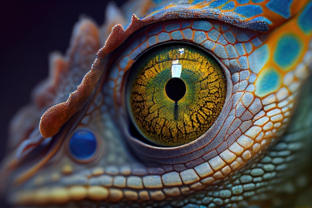 Close-up van het oog van de kameleon met zijn unieke patroon in het volle zicht