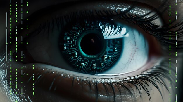 Foto close-up van het oog van een hacker die lijnen van kwaadaardige code weerspiegelt