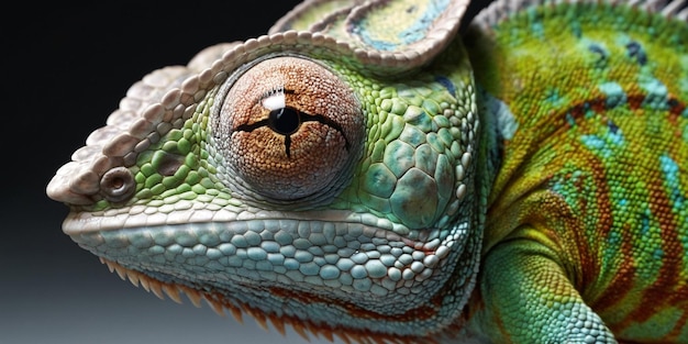 Close-up van het oog van een kameleon op een zwarte achtergrond