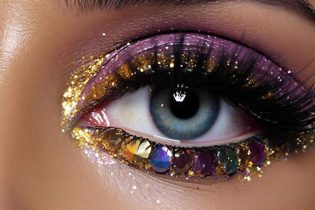 Close-up van het oog van een mooie vrouw met glitter make-up Perfecte huid