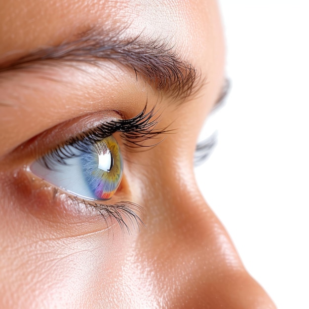 Close-up van het oog van een vrouw met reflectie van de regenboog.