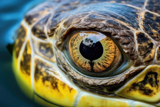 Foto close-up van het oog van een zeeschildpad die de zee weerspiegelt