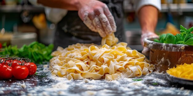 Close-up van het proces van het koken van zelfgemaakte pasta chef-kok maken verse Italiaanse traditionele pasta