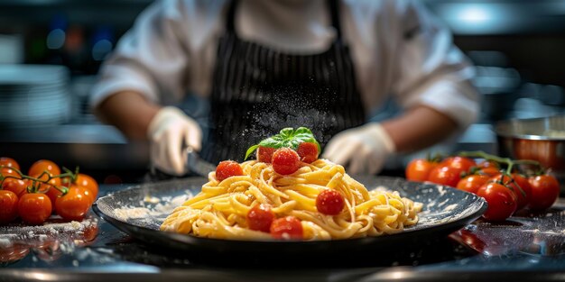Close-up van het proces van het koken van zelfgemaakte pasta chef-kok maken verse Italiaanse traditionele pasta