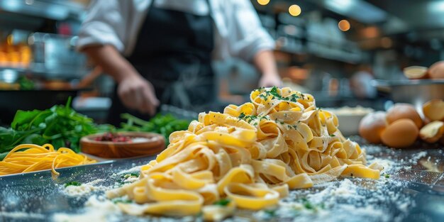 Close-up van het proces van het koken van zelfgemaakte pasta chef-kok maken verse Italiaanse traditionele pasta