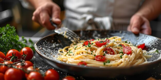 Close-up van het proces van het koken van zelfgemaakte pasta chef-kok maken verse Italiaanse traditionele pasta