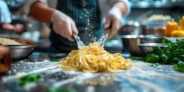 Close-up van het proces van het koken van zelfgemaakte pasta chef-kok maken verse Italiaanse traditionele pasta