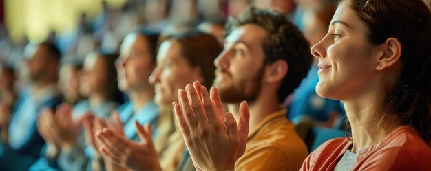 Close-up van het publiek dat bij een conferentie in de handen klapt