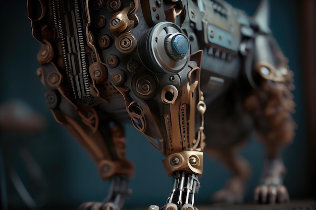 Close-up van het robotbeen van een hond met versnellingen en mechanische onderdelen zichtbaar gemaakt met generatieve ai