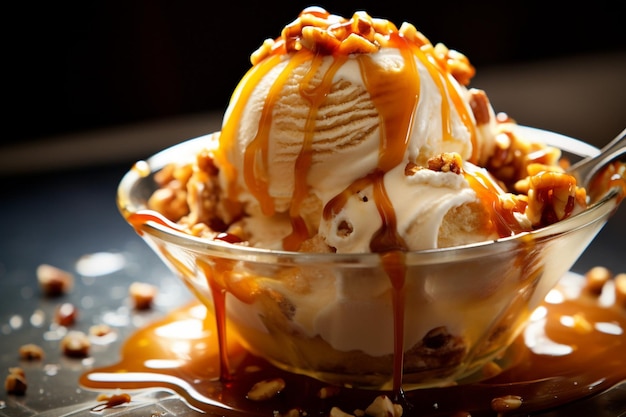 Foto close-up van het scheppen van caramel praline crunch ijs in een wafelschaal