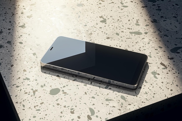 Close-up van het scherm van de smartphone met reflecties op de gevlekte tafel 3D-rendering