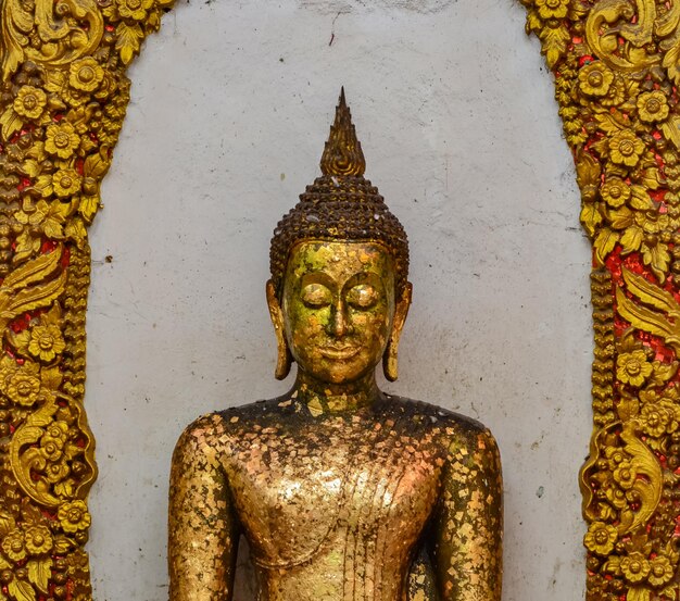 Close-up van het standbeeld tegenover de tempel