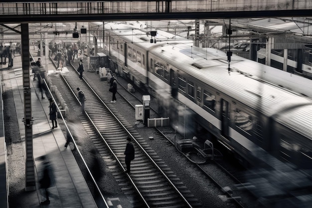 Close-up van het treinstation met bewegende mensen en treinen gemaakt met generatieve AI