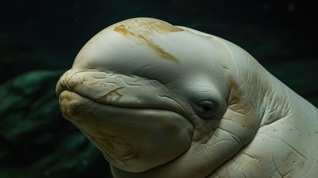 Foto close-up van het unieke meloenvormige hoofd van een beluga-walvis bedekt met rimpels en littekens die het een