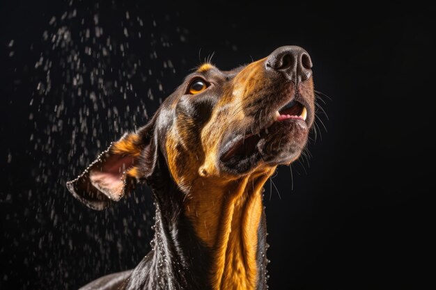 Close-up van hond die waterdruppeltjes in de lucht schudt, gemaakt met generatieve ai