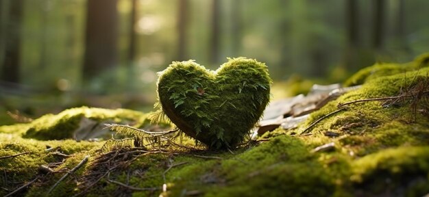 Close-up van houten hart op mos Natuurlijk graf in het bos Generatieve AI