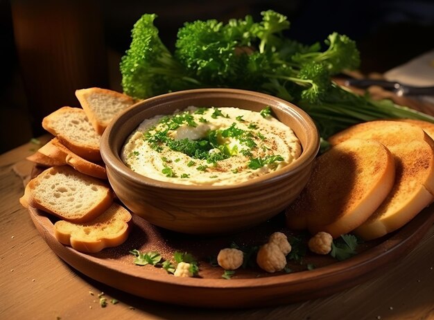 Close-up van hummus in een kleiplaat met peterselie en croutons Gerechten van kikkererwten op houten plank