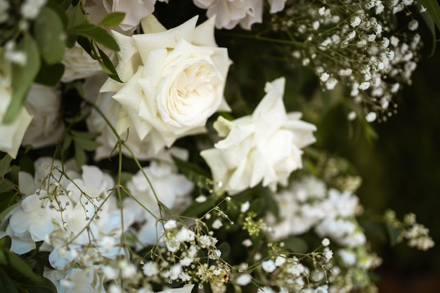 Close-up van huwelijksdecoraties met witte verse bloemen Tedere huwelijksarrangementen