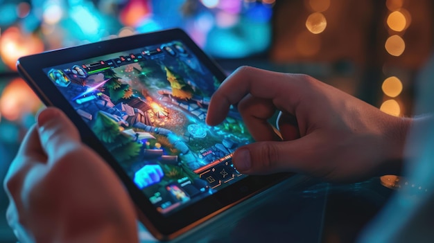 Foto close-up van iemand die een tablet gebruikt om een mobiel spel te spelen