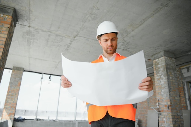 Close-up van ingenieurs die werken op een bouwplaats met een blauwdrukken. Engineering en architectuurconcept