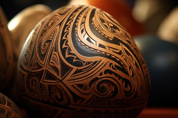 Foto close-up van ingewikkelde maori tattoo patronen op een kalebas